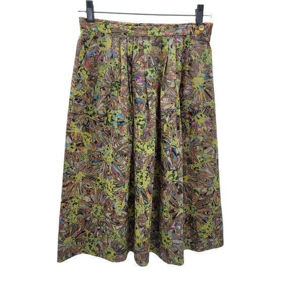 Vintage 60s Eve Seamstress Made Psychedelic Pleat Front with Pockets Midi Skirt - Picture 1 of 11